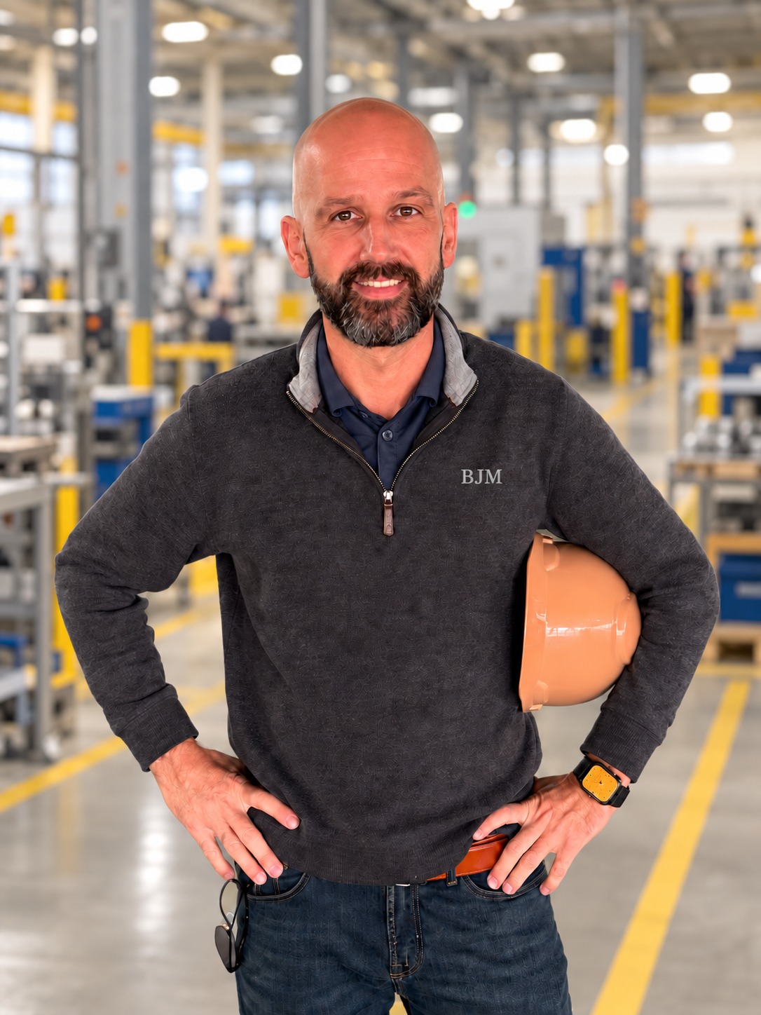 Brian Matyjevich in a manufacturing facility, holding a hard hat and wearing a BJM embroidered sweater